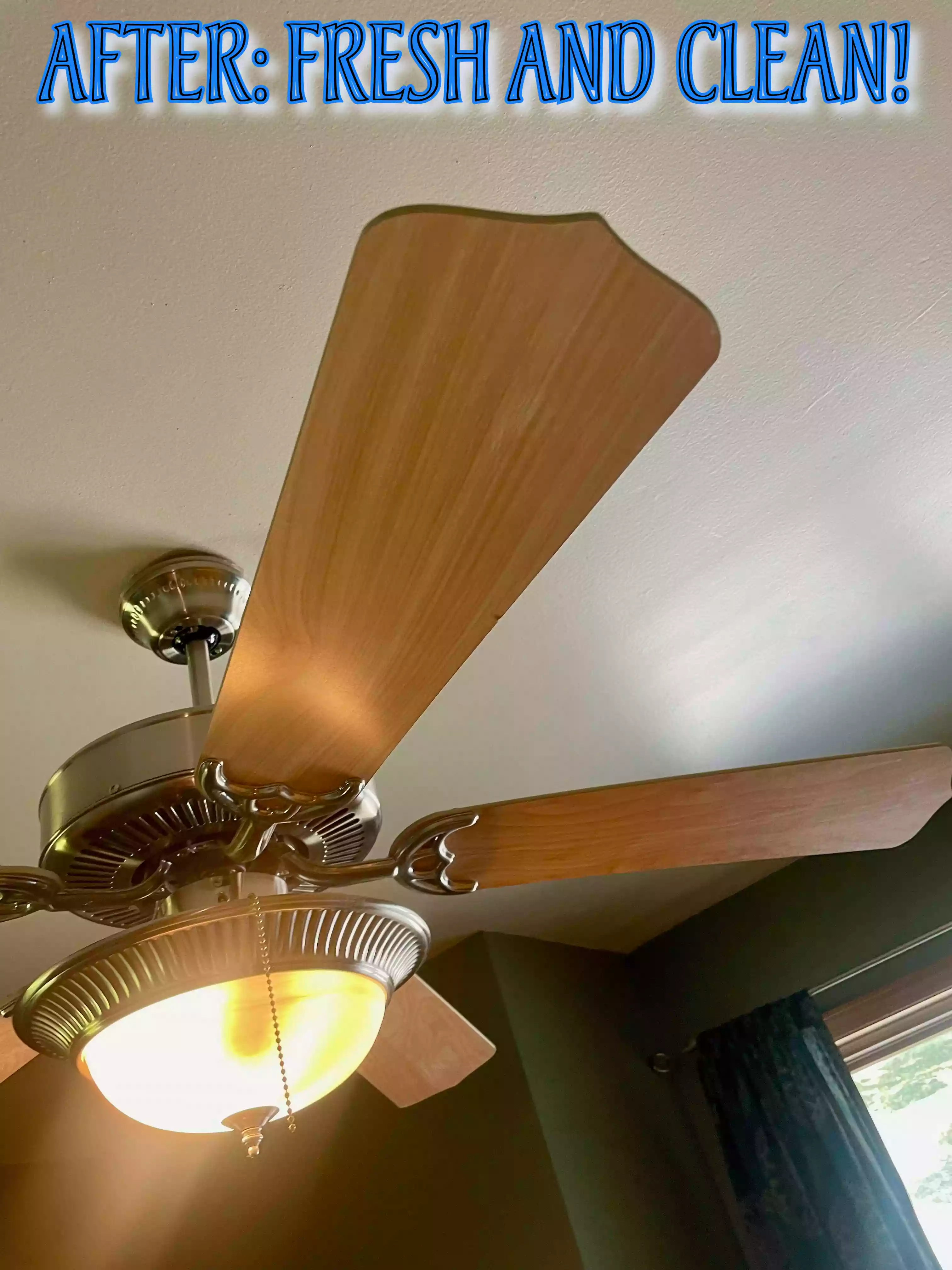 Image of a clean ceiling fan with the words "After: Fresh and Clean!" written across the top.